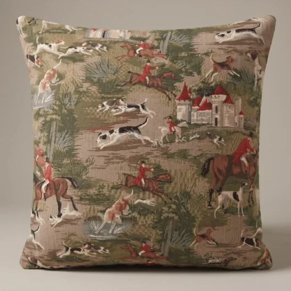 Gifts > Throw Pillows 1 Horse & Hounds Manor tapestry throw pillow woven in England featuring horses, riders, hounds, and a country estate