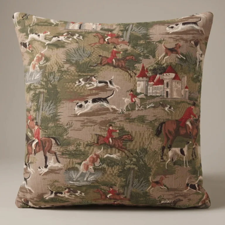 Horse & Hounds Manor tapestry throw pillow woven in England featuring horses, riders, hounds, and a country estate