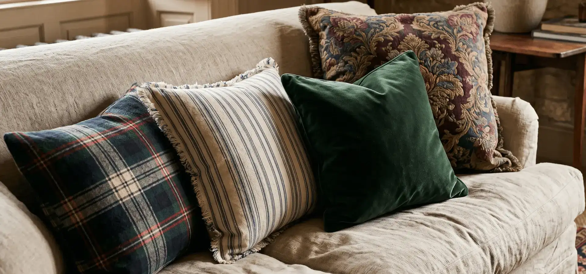 Plaid, stripe, velvet and tapestry throw pillows layered on a linen sofa.
