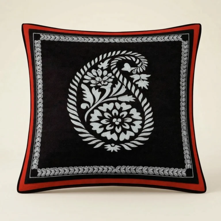 Briarfield Script pillow cover with embroidered botanical motif and contrast piping on dark ground