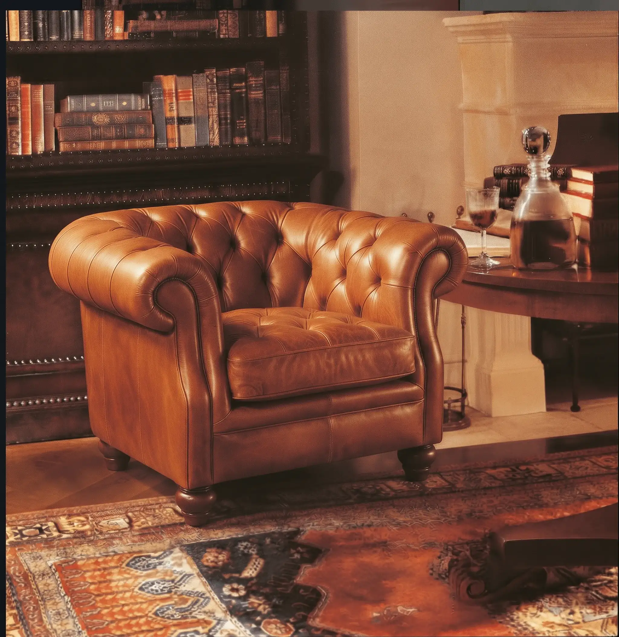 Cognac leather Chesterfield armchair beside a wooden table, with bookshelves and a patterned rug