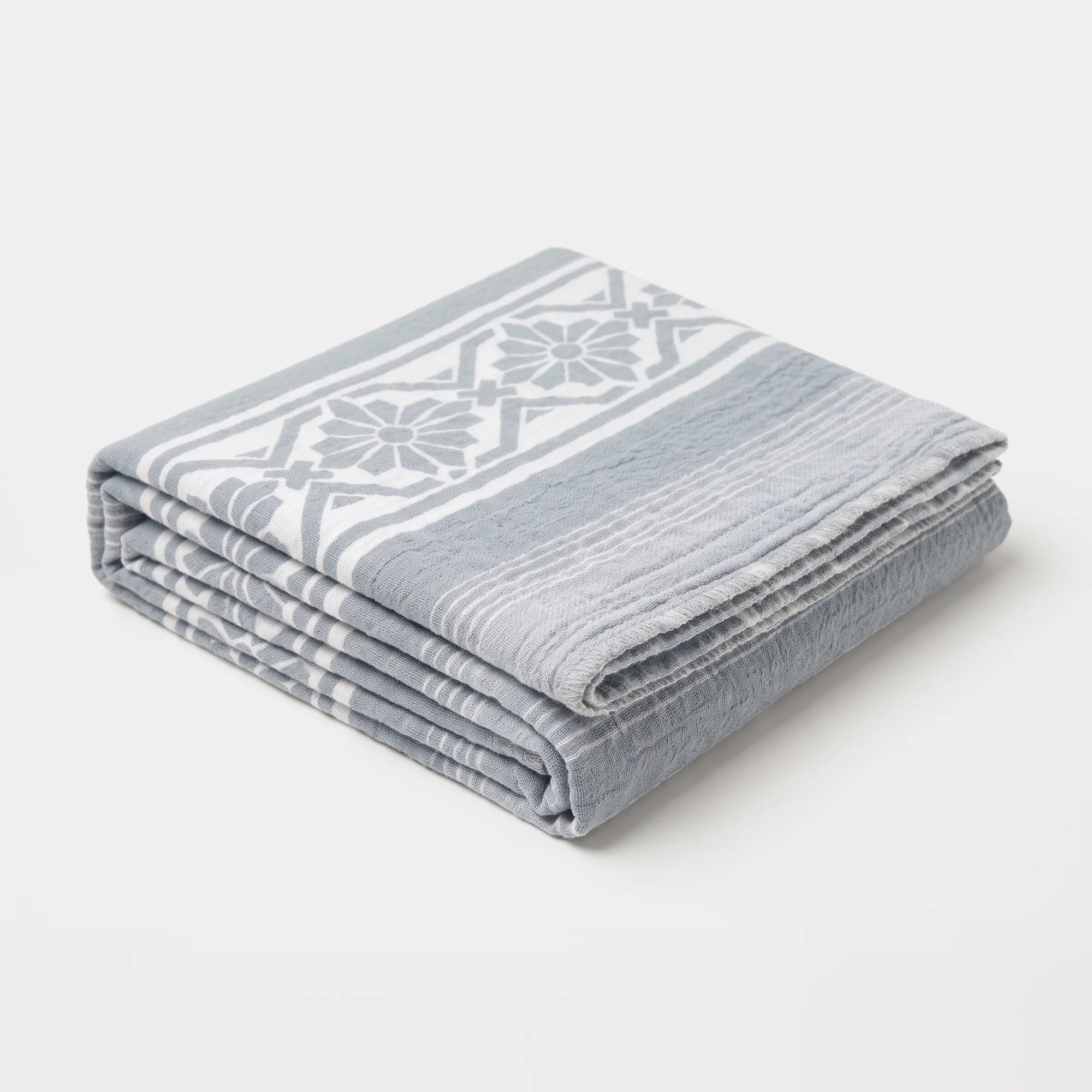 The Winter Lookbook 5 Devonshire Geometric Cotton Throw folded, showing the ivory border band with slate blue geometric florals