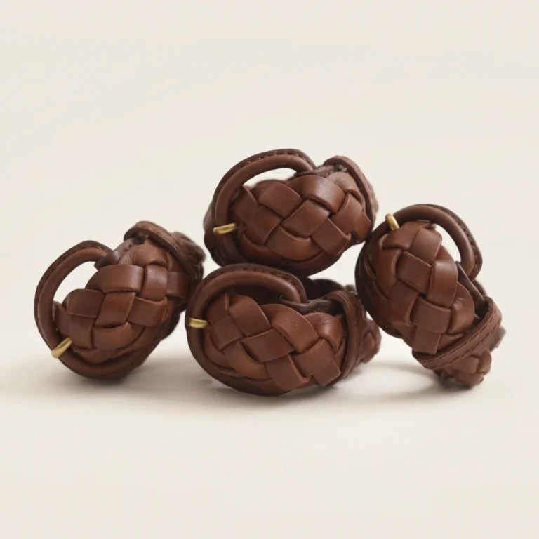 Four Equestrian Braided Leather Napkin Rings in tan leather, each with a leather-wrapped buckle and brass pin