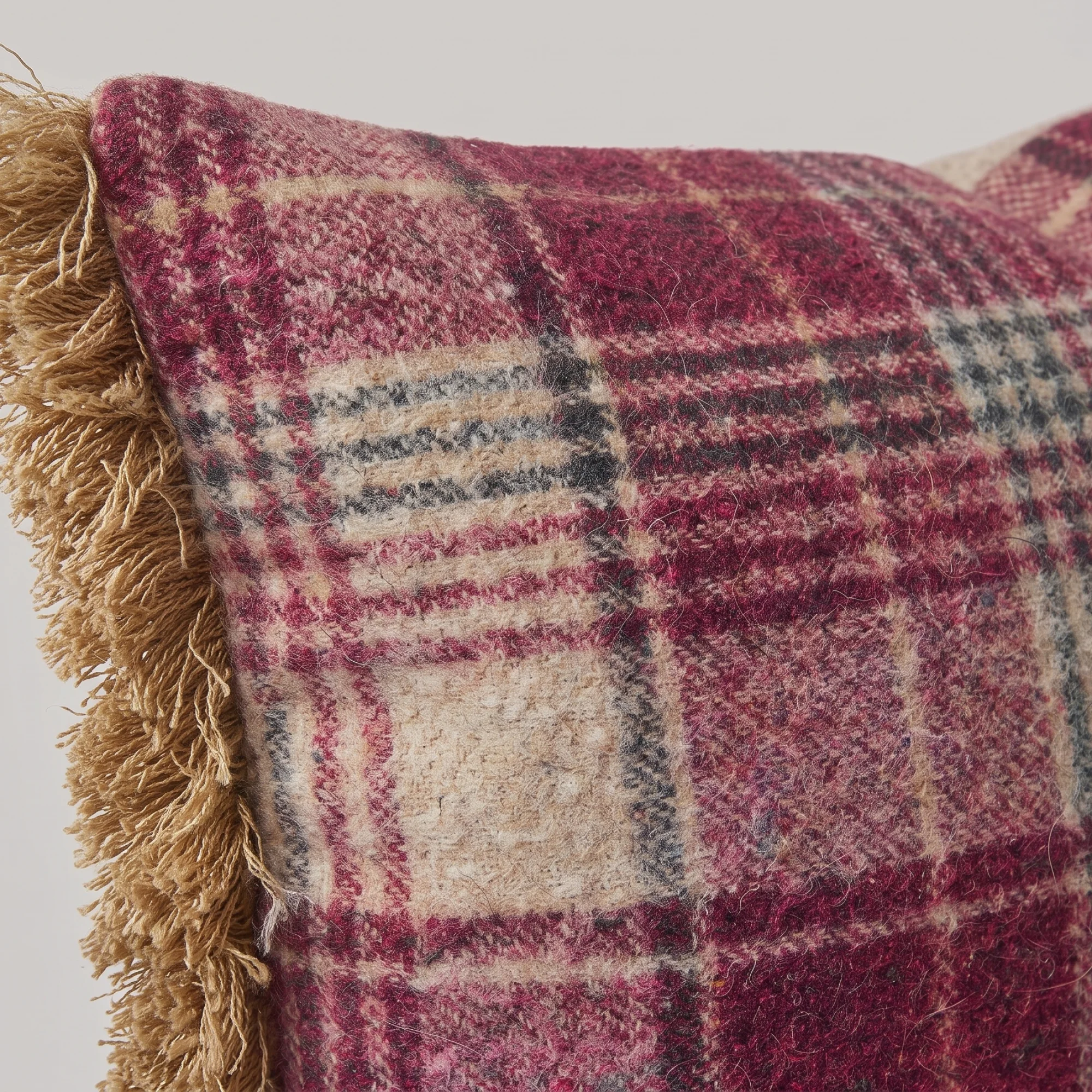 Falkirk Plaid Lumbar Throw Pillow 2 The Falkirk Plaid Lumbar Throw Pillow close-up showing the brushed wool plaid and the gold knotted fringe