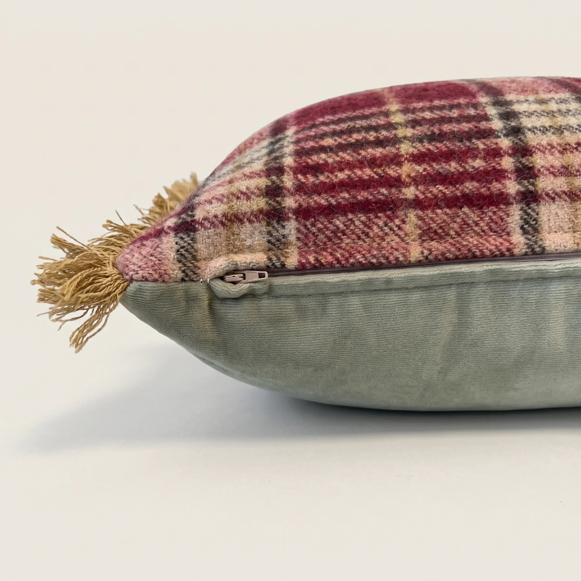 Falkirk Plaid Lumbar Throw Pillow 4 The Falkirk Plaid Lumbar Throw Pillow close-up of the concealed zipper between the wool plaid front and the velvet back