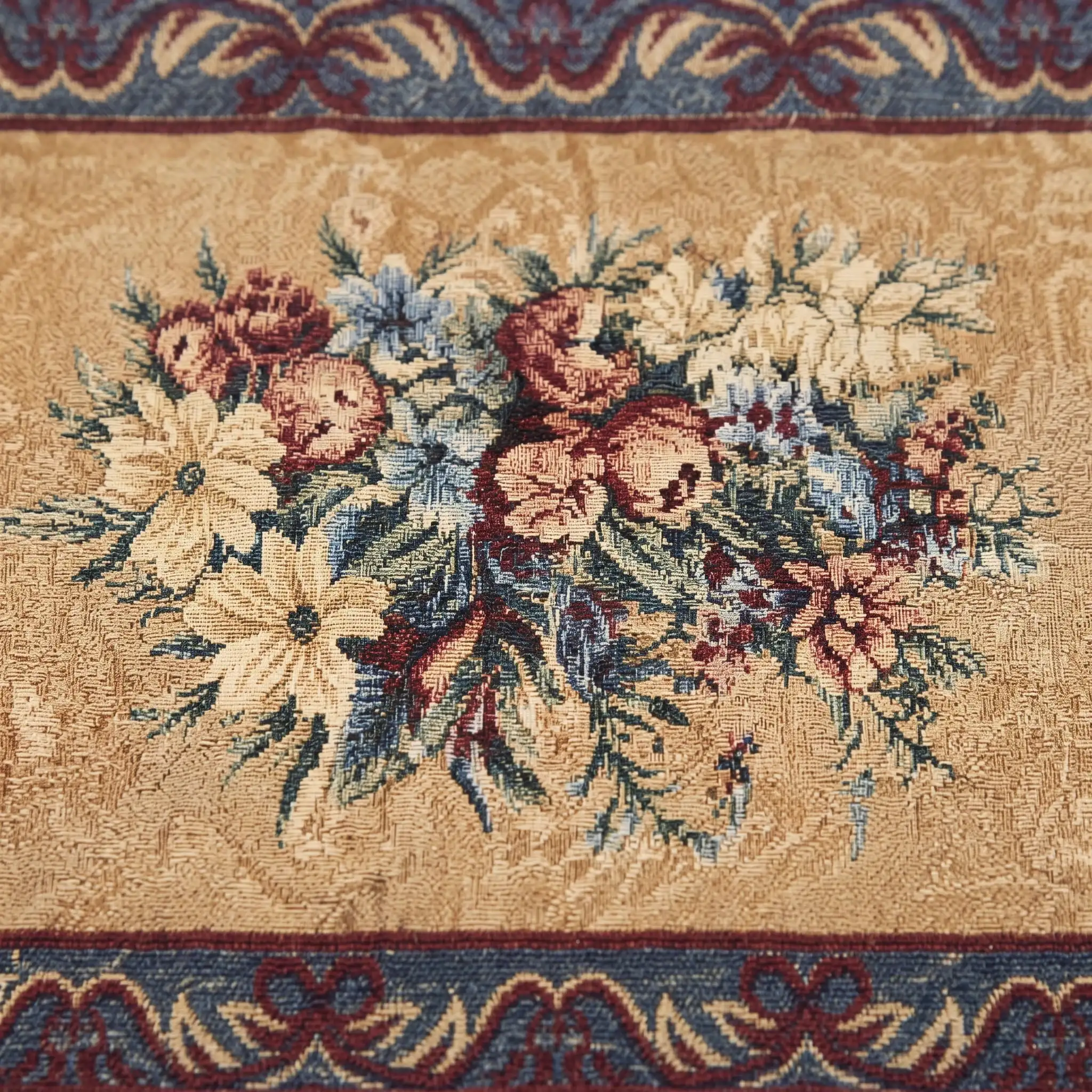 Festival Flowers Jacquard Table Runner 4 Close-up of jacquard weave showing cream daisies, dusty pink roses and cornflower blue against a golden ochre damask ground