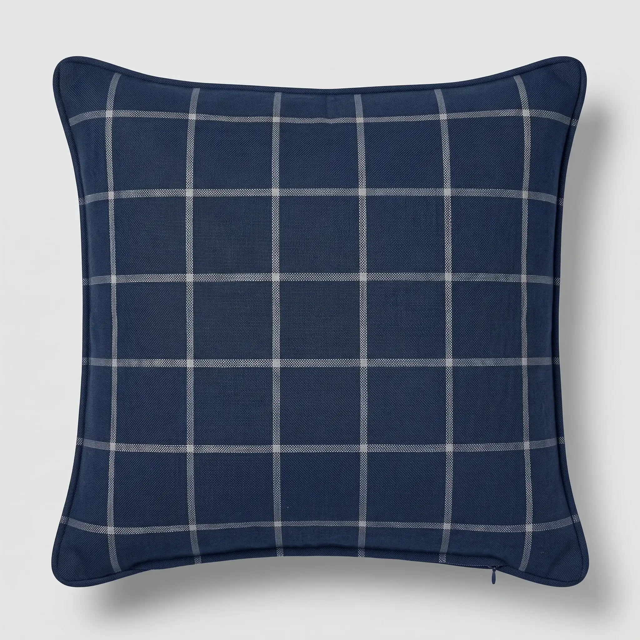 Hadley Navy Windowpane Cotton–Linen Euro Pillow Cover 1 Square navy pillow cover with an evenly spaced white windowpane check and navy piped edge