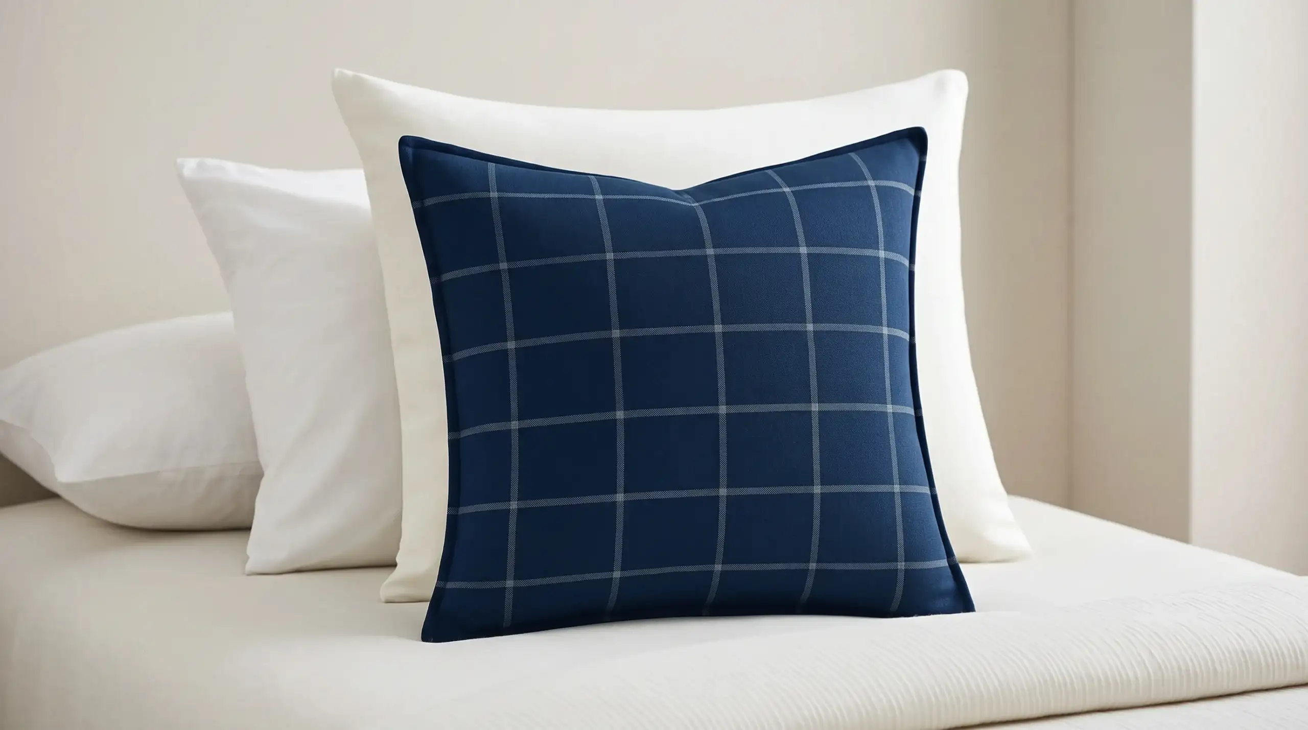 Hadley Navy Windowpane Cotton–Linen Euro Pillow Cover 3 Navy windowpane Euro pillow cover standing in front of white pillows on a bed with an ivory coverlet