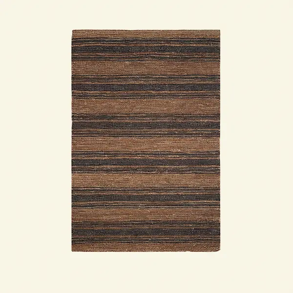 Full view of Harbor Ticking Jute Rug with brown and charcoal ticking stripes