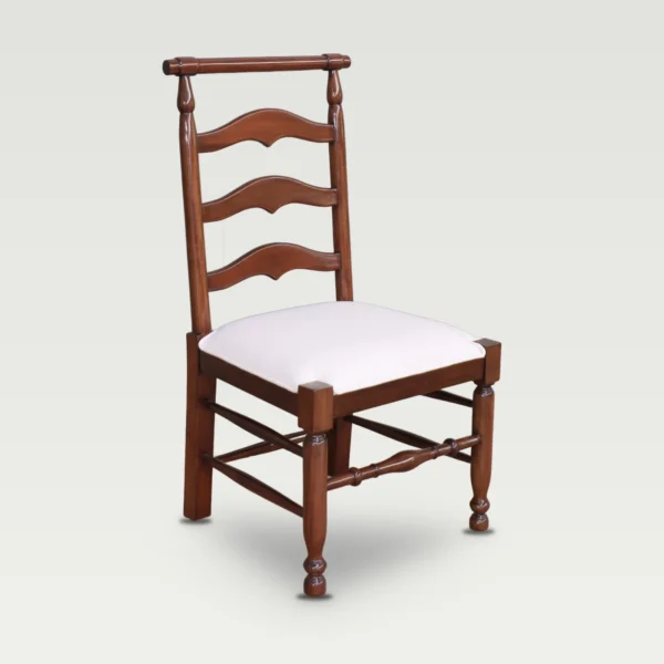 Ashdown Ladderback Dining Chair in mahogany with three shaped slats, a turned top rail and an ivory upholstered seat, three-quarter view
