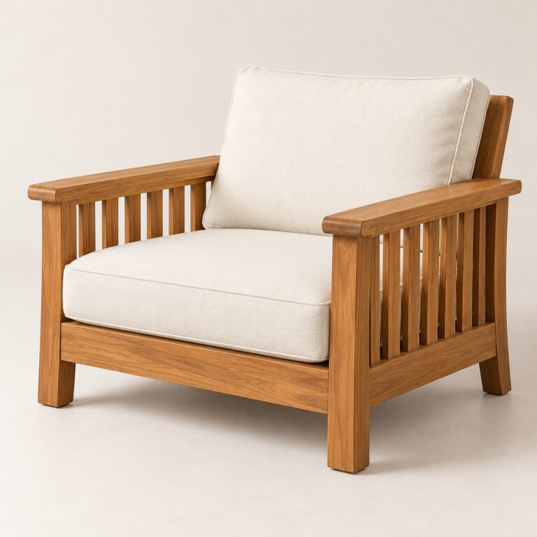 Rendering of the Carmel Teak Lounge Chair, made to order by Reeva Sethi Home