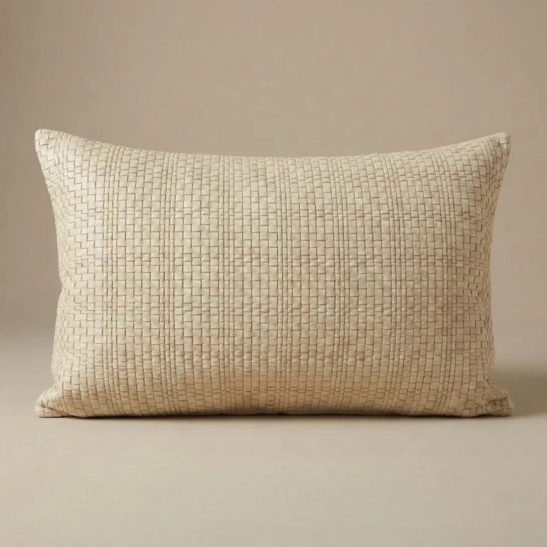 Reade Oatmeal leather and canvas pillow cover with woven leather front and tailored rectangular form