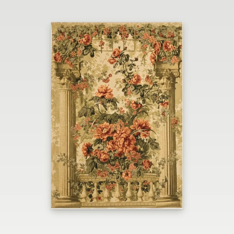 Rose Colonnade wall tapestry with two Corinthian columns, a rose-covered trellis, a balustrade and a bouquet of roses and peonies, on a fleur-de-lys rod