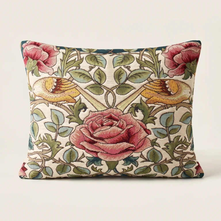 Rose & Songbird Tapestry Throw Pillow front: a pink rose at the centre, two golden songbirds on thorned branches and blue-green leaves woven on a cream ground