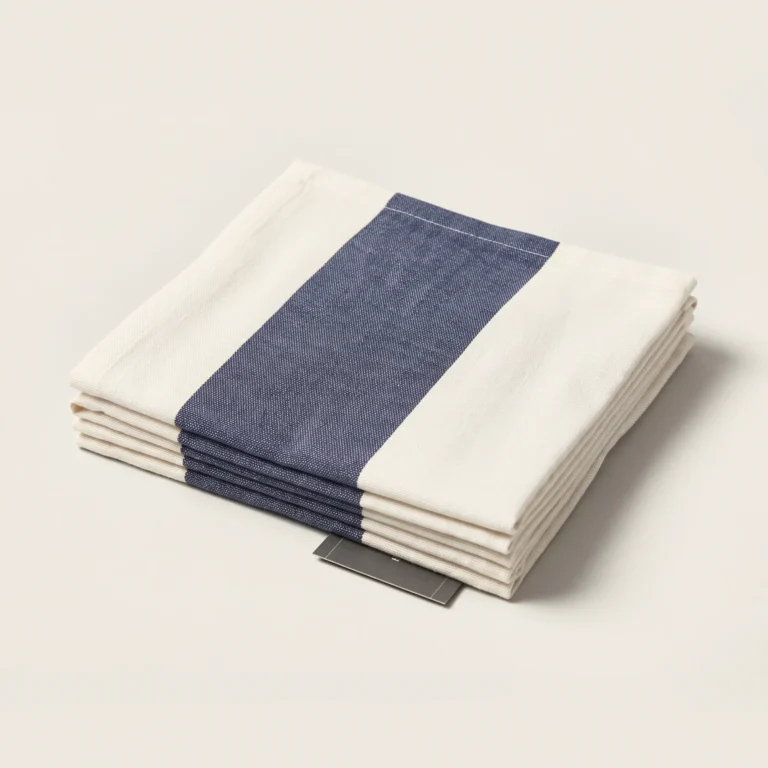 Seabrook Striped Beach Blanket folded, showing the wide denim blue stripe on ivory cotton