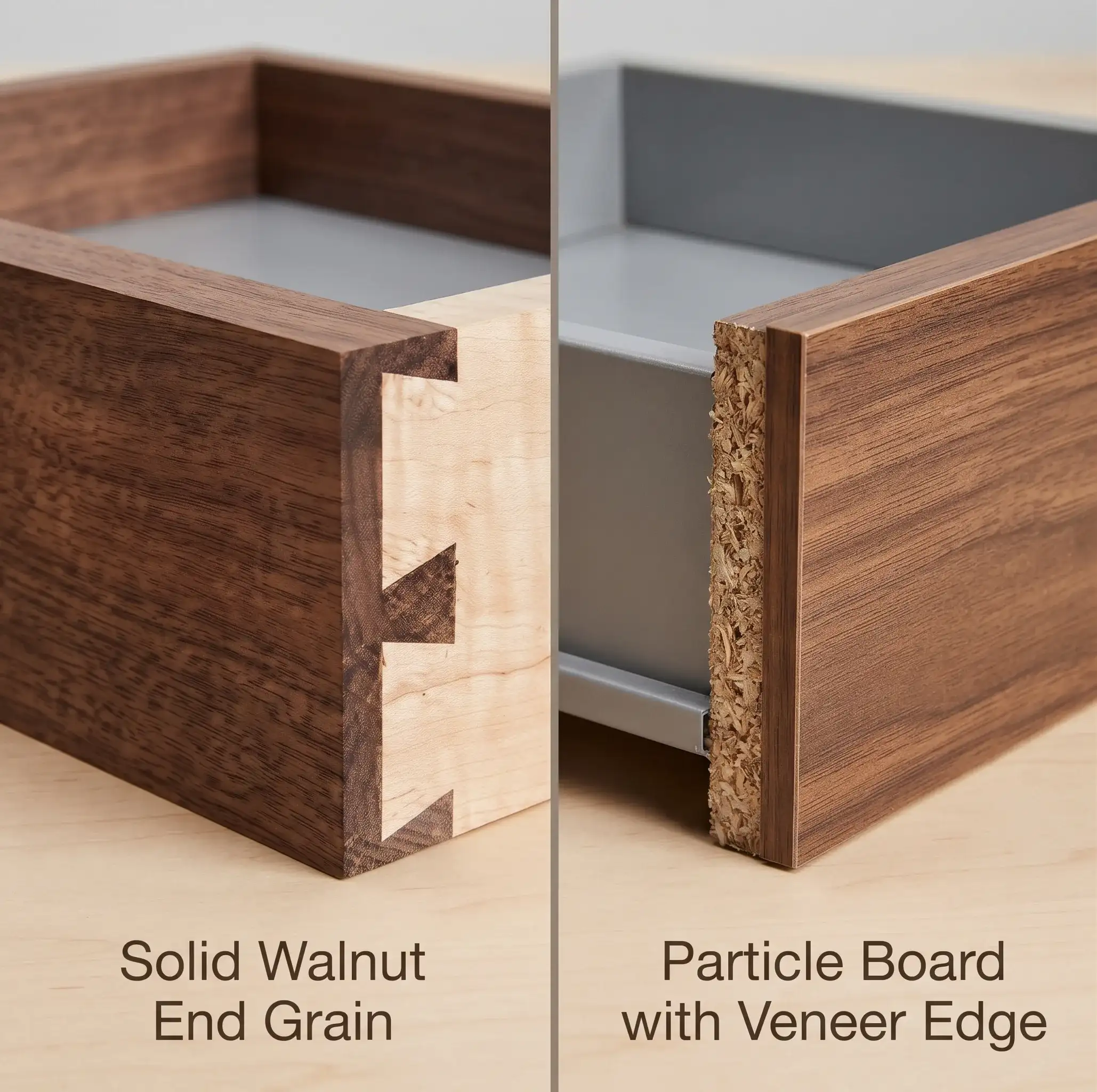 How to Tell If Furniture Is Well Made | A Field Guide to Craftsmanship 2 Comparison of a solid wood walnut drawer with visible end grain and a particle board drawer with veneer edge