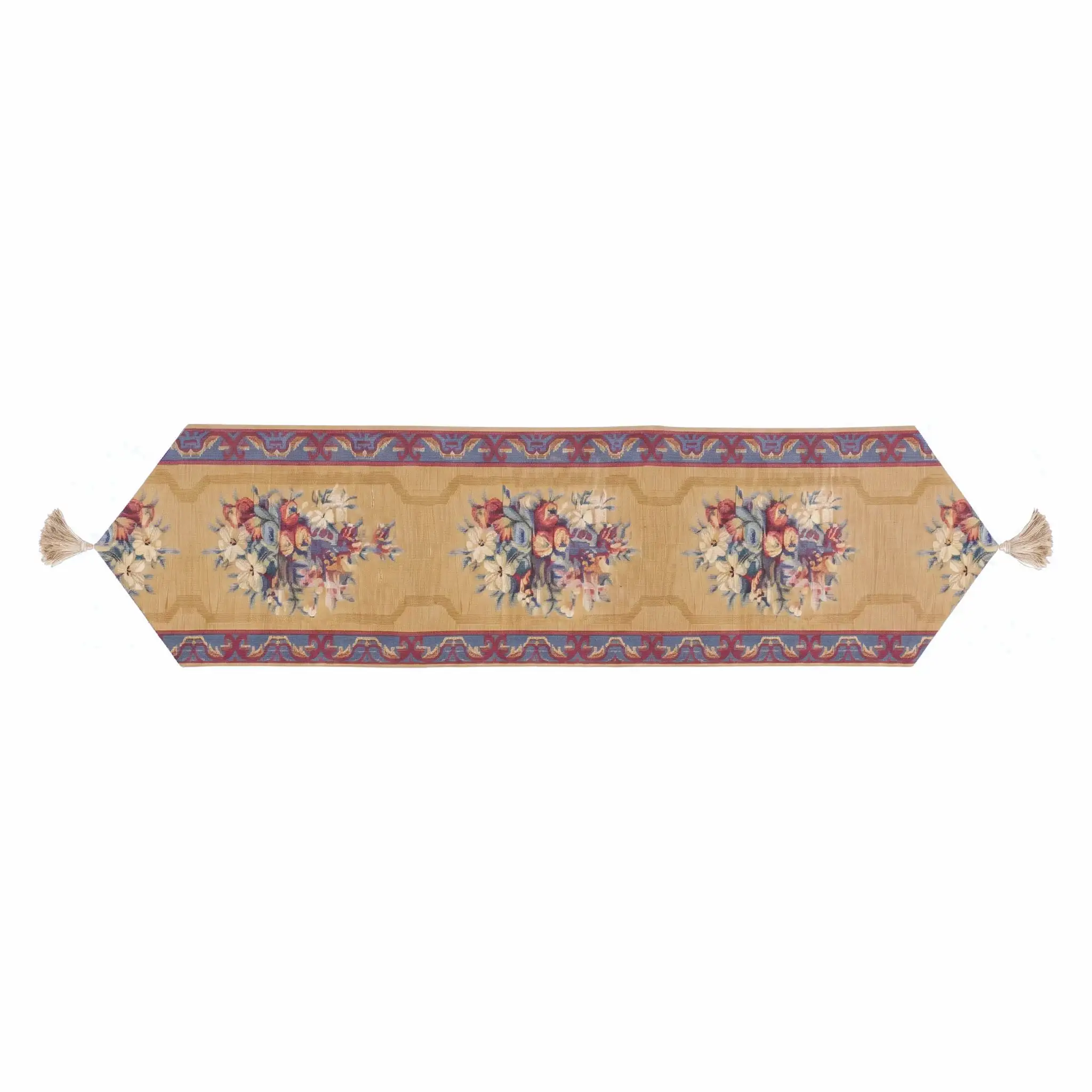 Festival Flowers Jacquard Table Runner 3 Full length gold tapestry table runner with repeating red and white floral bouquets, geometric panel ground and cream tassels at both pointed ends