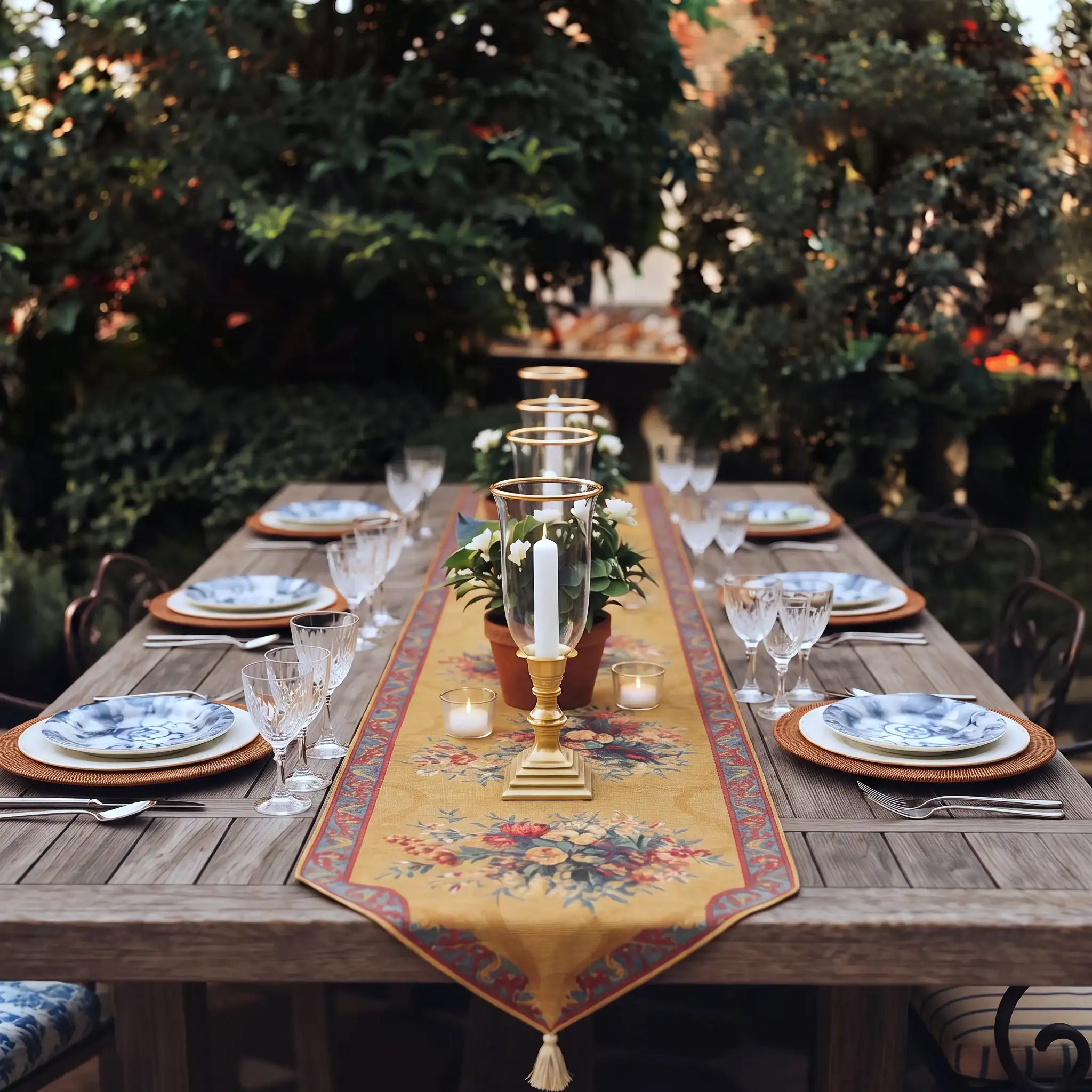 Festival Flowers Jacquard Table Runner 2 Gold floral tapestry table runner down a weathered oak garden table set with blue and white china, rattan chargers, brass hurricane lamps and votive candles