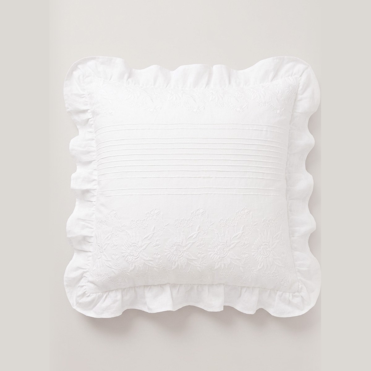 The Fleurette Embroidered Pillow Cover 1 Fleurette ruffled white embroidered cushion cover by Reeva Sethi Home