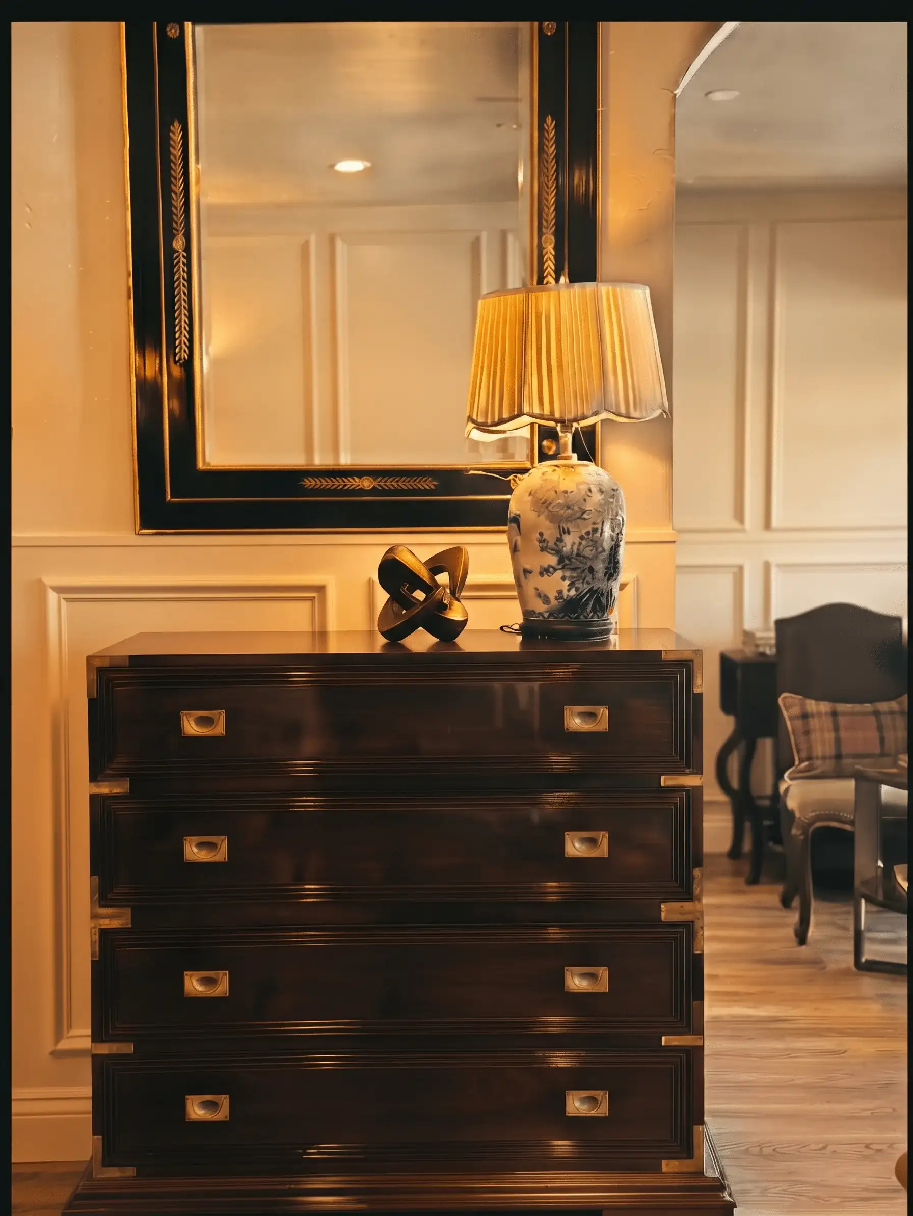 Wooden chest with brass handles beneath a black and gold framed mirror, with an orchid and porcelain table lamp